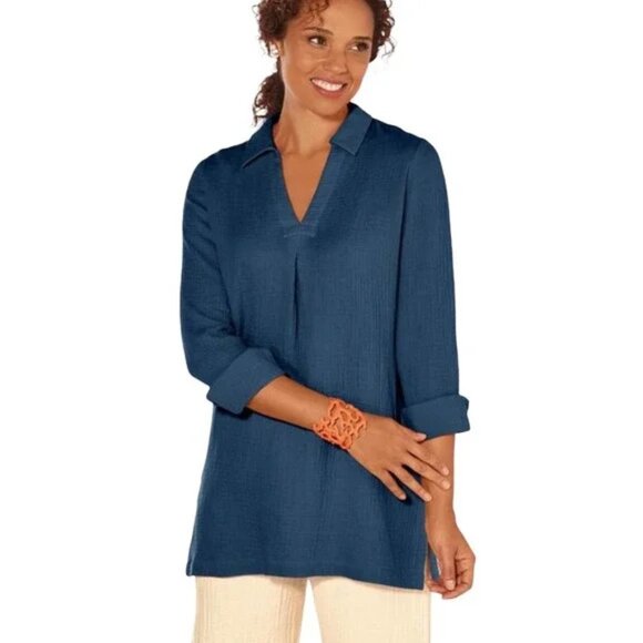 Soft Surroundings Tops - Soft Surroundings Blue Key Biscayne Muslin Cotton Popover Tunic‎ Top